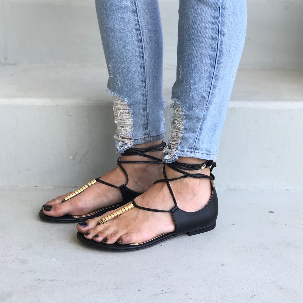 Black Gladiator Lace Up Gold Hardware Flat Sandals - Picture 2 of 7